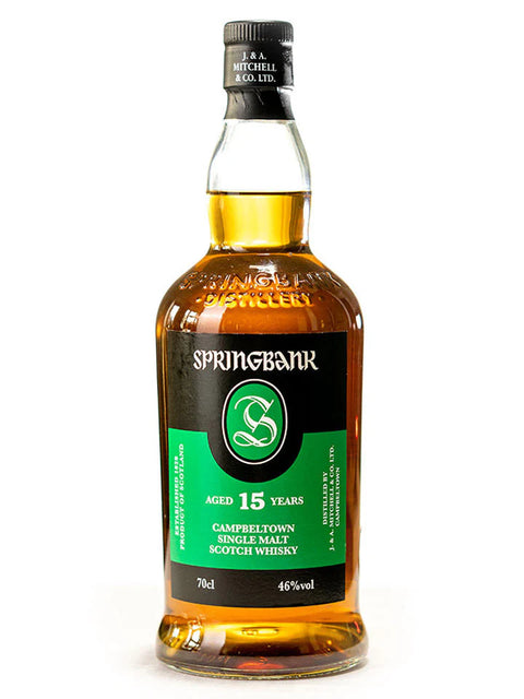 Springbank 15-year-old single malt Scotch whisky bottle on a white background