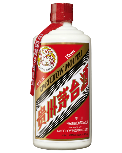 Kweichow Moutai bottle with red and white label on a white background