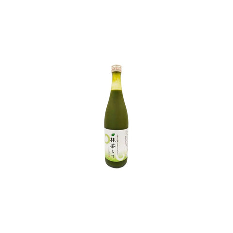 Green bottle with a label on a white background