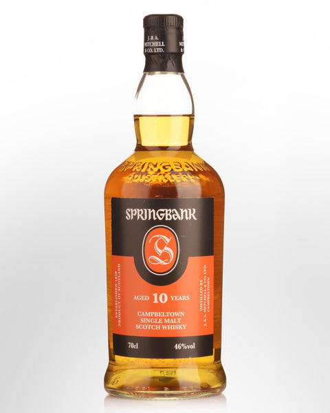 Springbank 10-year-old whisky bottle on a white background