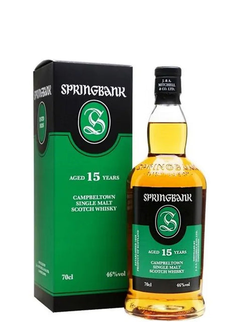 Springbank 15-year-old single malt Scotch whisky bottle and packaging on a white background