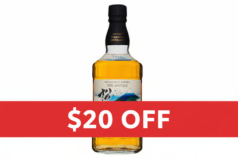 Bottle of The Matsui Single Malt Whisky with a scenic label on a white background
